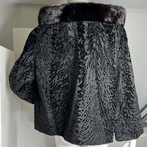 Vintage Sz 6-8 Black Persian Lamb Mink Collar Jacket Perfect Open w Top Hook